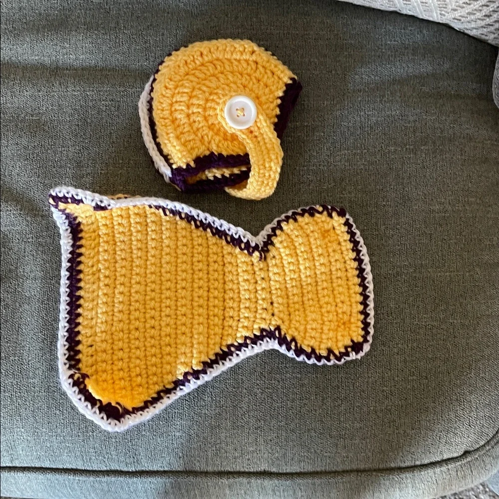Newborn Handmade Crochet LSU Football Helmet Hat and Diaper Cover Set
